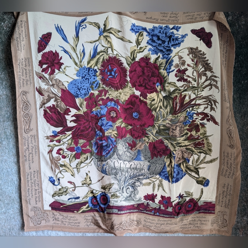 Ginnie Johansen Signed Silk Botanical Scarf 35x35 | Victorian Bouquet